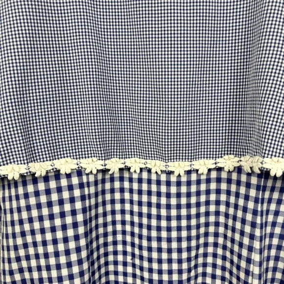 Cottagecore Vintage Gingham Dress Blue White Short Sleeve Lace Trim - Picture 3 of 6